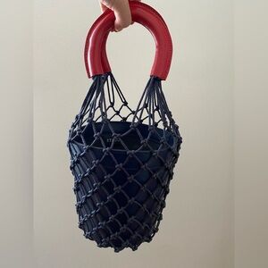 Staud Moreau Leather Bucket Bag Red Navy Net Bag